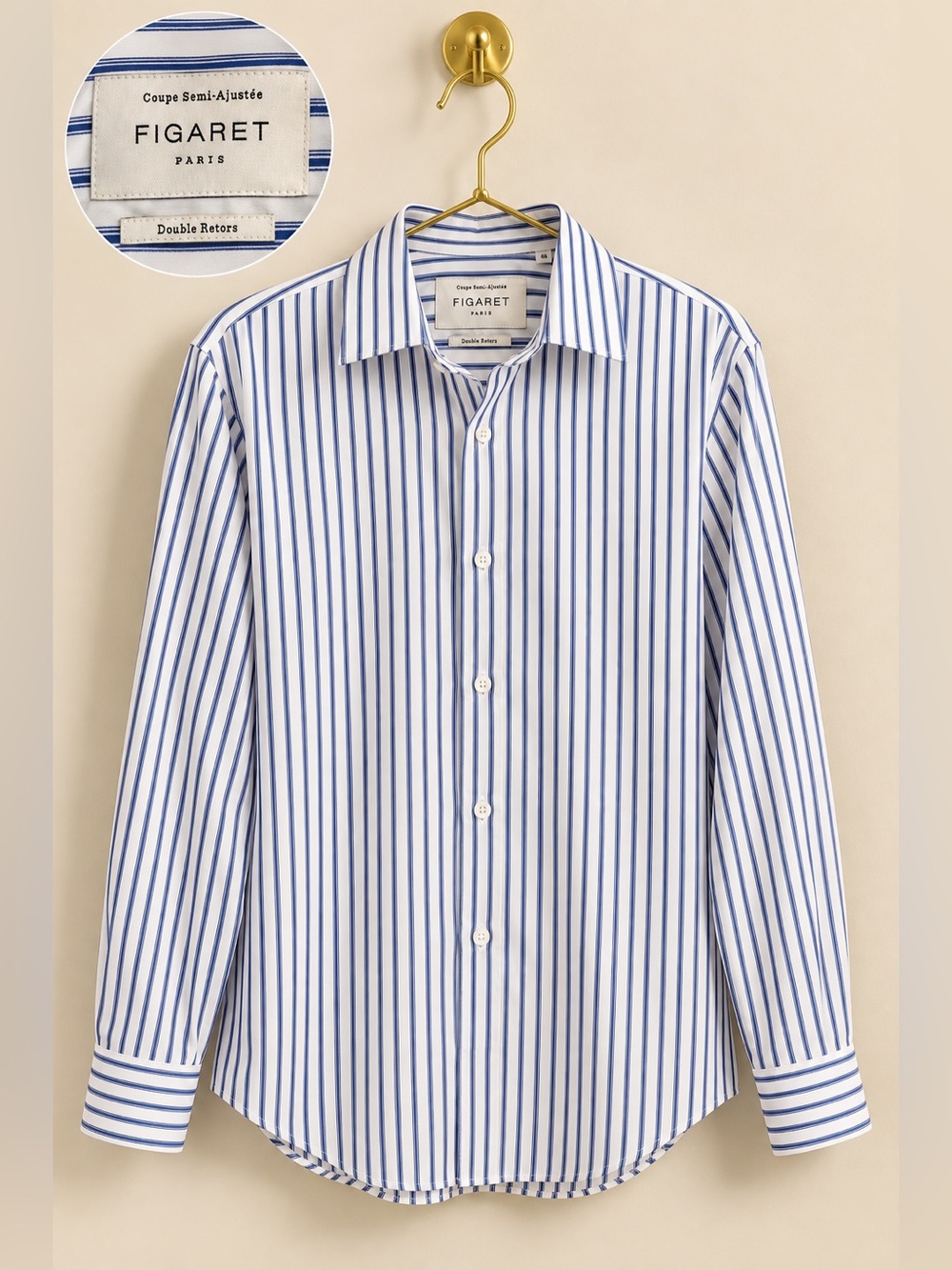 Figaret Paris Double Retors Blue White Striped Cotton Shirt Size 40